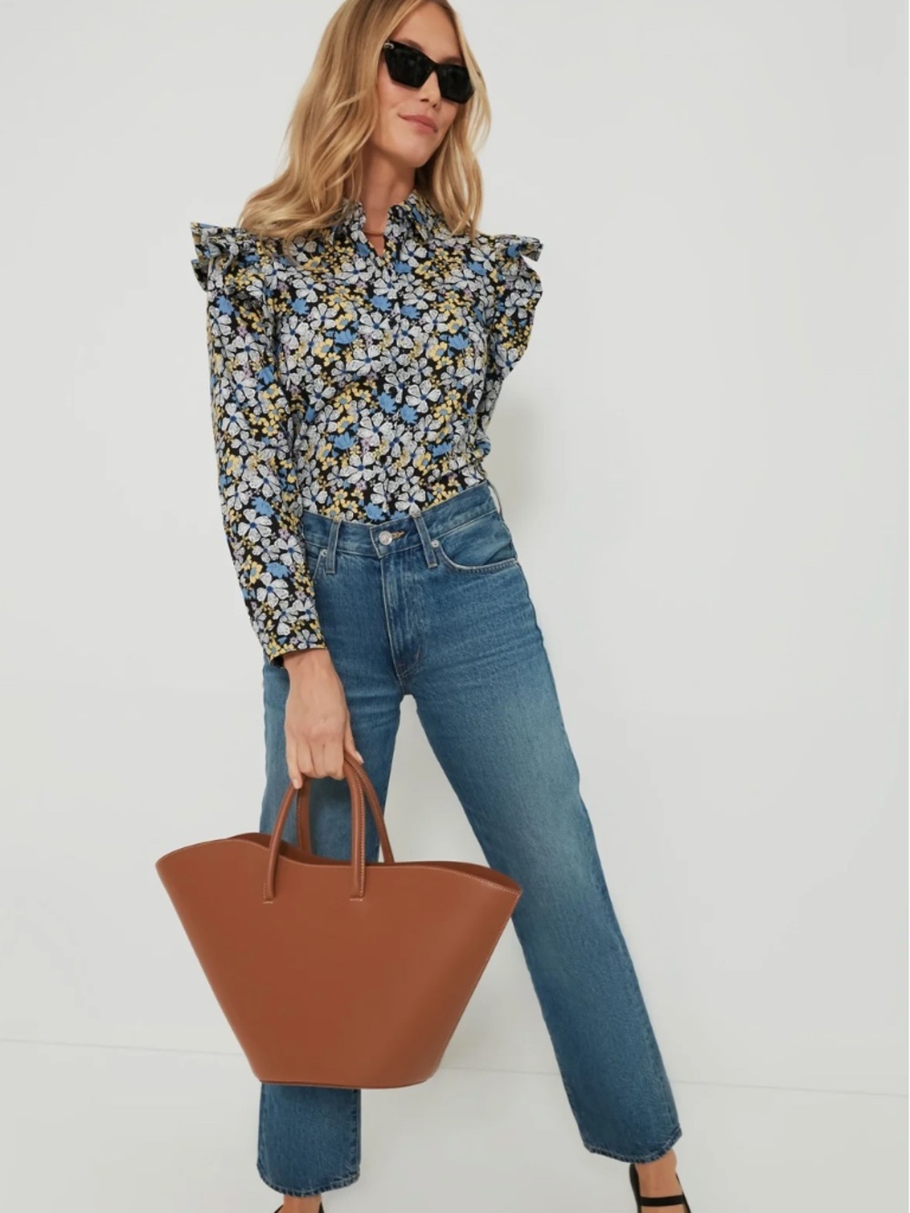 Hyacinth House Tuckernuck Blue Yellow Primrose Blouse Shirt Top L